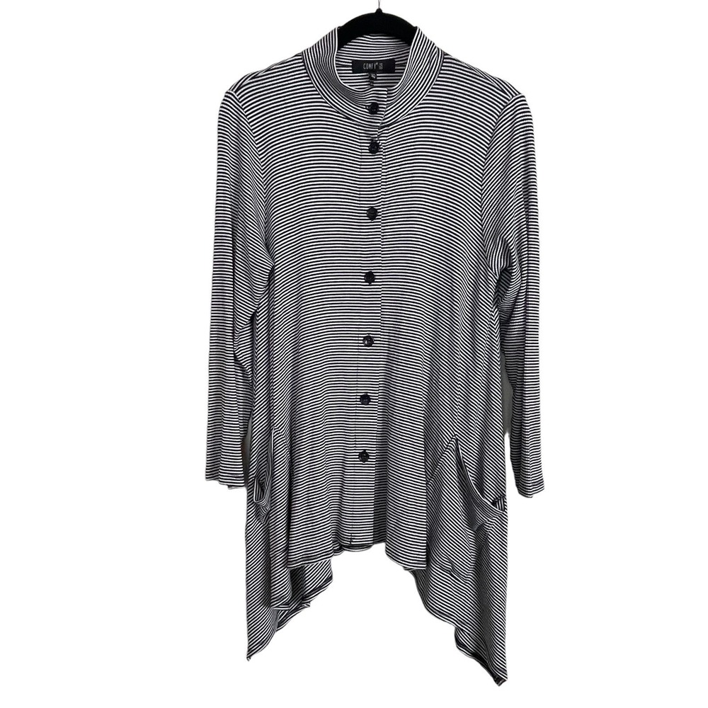 Comfy USA Black White Striped Sz XS Button Up Asymmetrical Tunic Long Sleeve